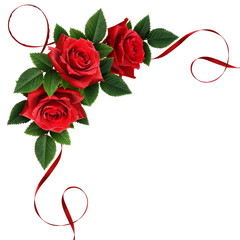 Naklejka premium Red rose flowers and silk ribbon corner arrangement