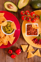 Guacamole and nacho chips.