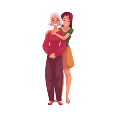 Young beautiful granddaughter hugging grandmother, cartoon vector illustration isolated on white background. Full length portrait of young woman hugging her grandma, family connection