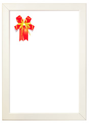 Obraz premium Red ribbon decorated on left corner of white frame, season greet