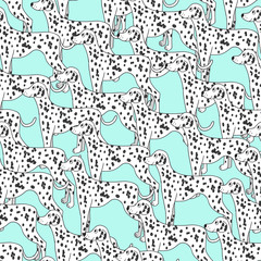Unusual seamless pattern with cartoon cute dalmatians. - obrazy, fototapety, plakaty