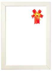 Red ribbon decorated on right corner of white frame, season gree