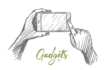 Vector hand drawn gadgets time concept sketch. Human hands holding smartphone and pushing button on it. Lettering Gadgets time