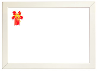 Red ribbon decorated on left corner of white frame, season greet