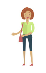 European Woman in Blouse and Breeches with Bag.