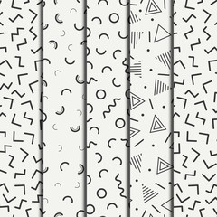 Retro memphis geometric line shapes seamless patterns set. Hipster fashion 80-90s. Abstract jumble textures. Black and white. Zigzag lines. Memphis style for printing, website, fabric design, poster.