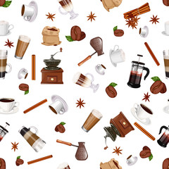 Coffee elements seamless pattern. Coffee grinder, cinnamon, cup, coffee, cappuccino, latte, americano, espresso