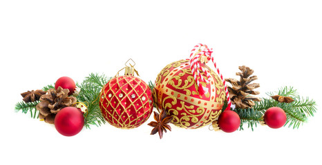 Christmas balls and evergreen twigs isolated on white background