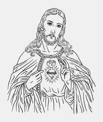 Jesus christ catholic religion art line drawing style. Good use for symbol, logo, web icon, mascot, sticker, sign, or any design you want.