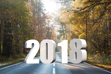 2018 Year on wet asphalt road with autumn leaves on the trees and sun beams