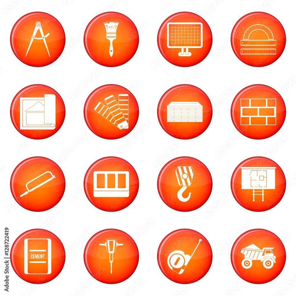 Poster construction icons vector set of red circles isolated on white background