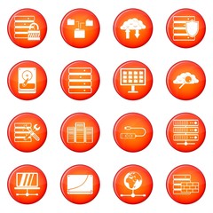 Database icons vector set of red circles isolated on white background