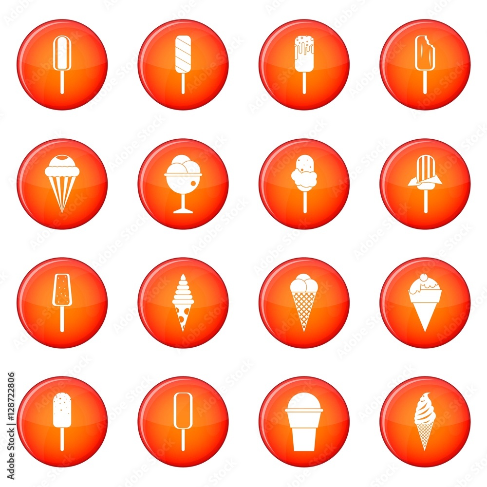 Poster ice cream icons vector set of red circles isolated on white background