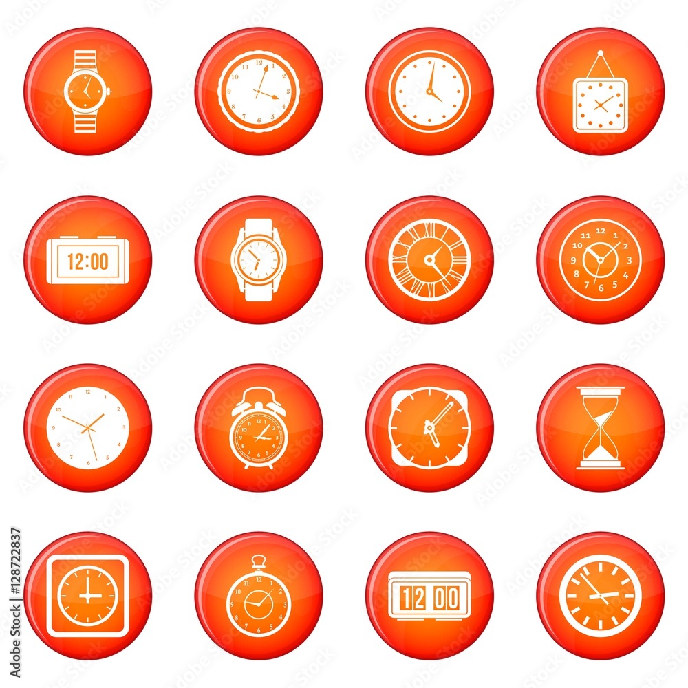Poster time icons vector set of red circles isolated on white background