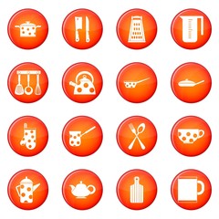 Kitchen tools icons vector set of red circles isolated on white background