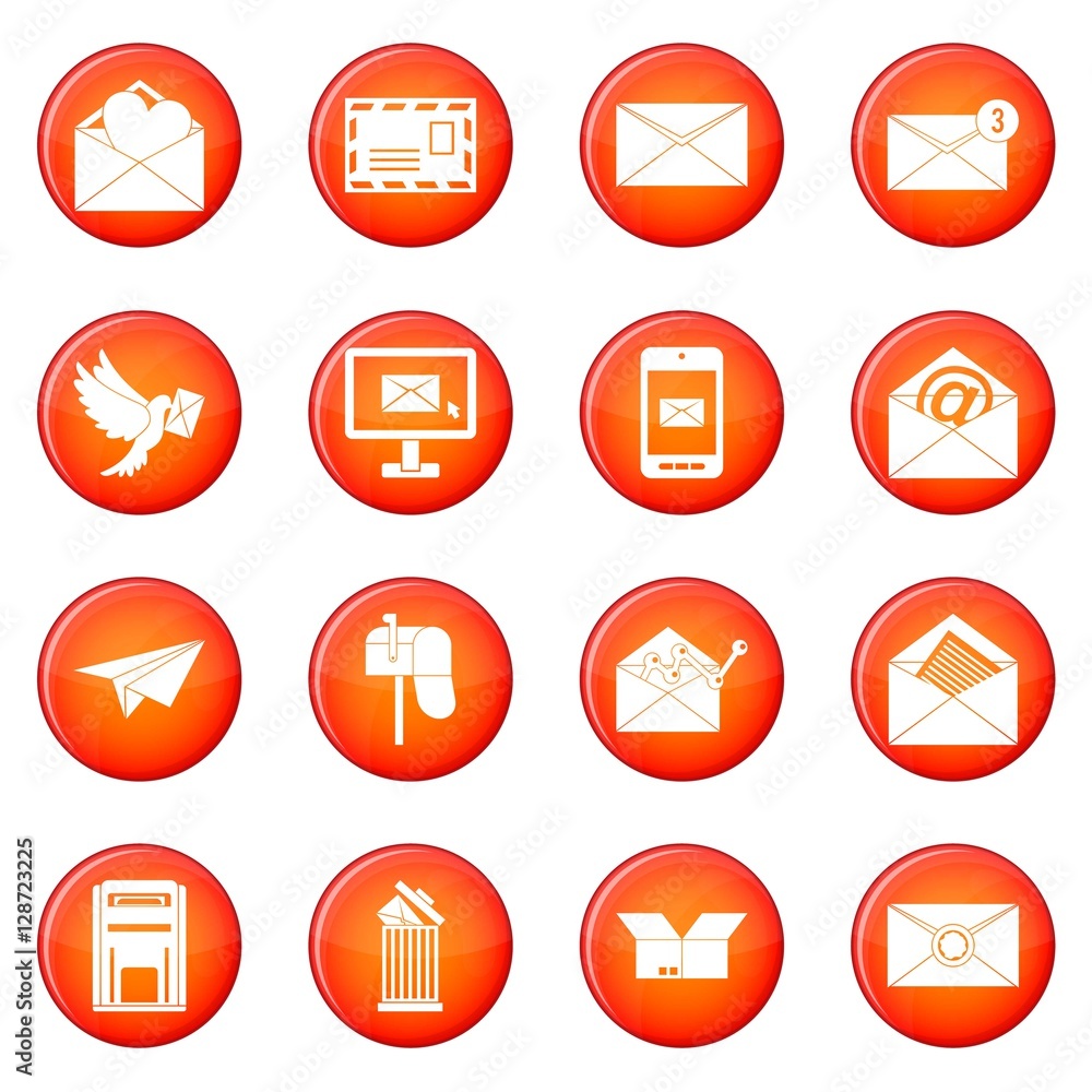 Poster email icons vector set of red circles isolated on white background