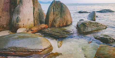 Tropical sunset on the beach, Koh Chang island,Thailand. Panorama view of dark night sea with...