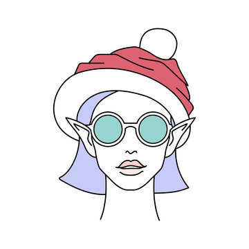 Portrait of young elf wearing round sunglasses and Santa hat