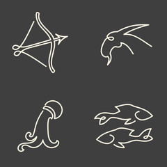 One line zodiac symbols set - Sagittarius, Capricorn, Aquarius,