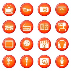 Audio and video icons vector set of red circles isolated on white background