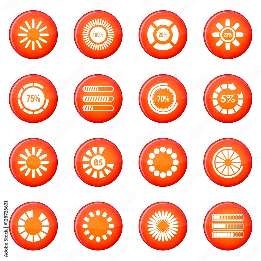 Poster loading bars icons vector set of red circles isolated on white background