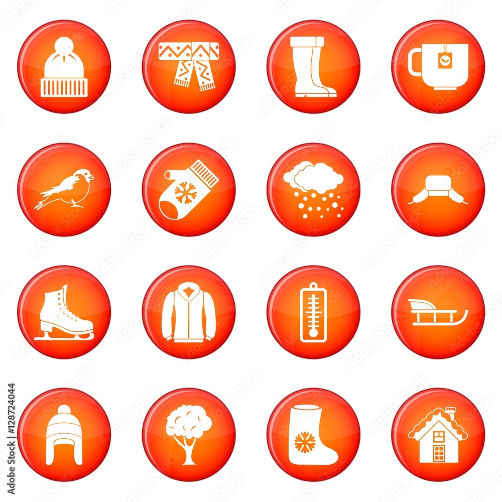 Poster winter icons vector set of red circles isolated on white background