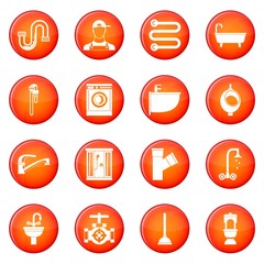 Plumbing icons vector set of red circles isolated on white background