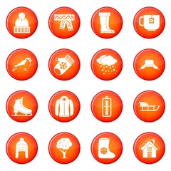 Winter icons vector set of red circles isolated on white background