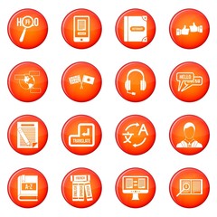 Learning foreign languages icons vector set of red circles isolated on white background