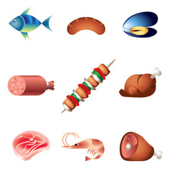 Set of colors meat and seafood icon