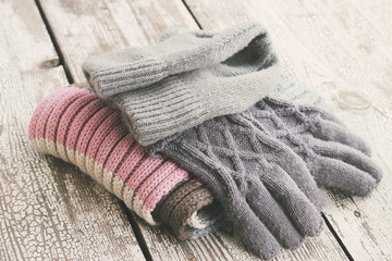 Warm winter knitted clothes - hat, scarf, gloves