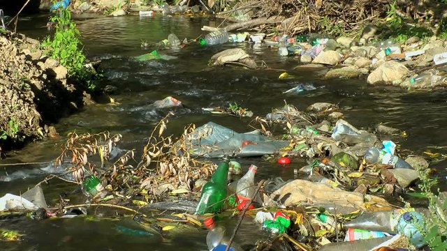 wide angle shot of a polluted river