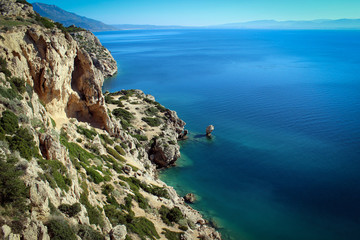 Gulf of Corinth coast view near Lighthouse Melagavi, Greece