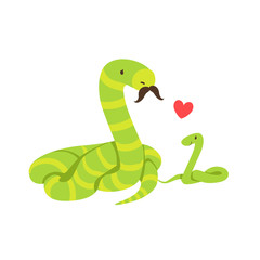 Boa Snake Dad With Moustache Animal Parent And Its Baby Calf Parenthood Themed Colorful Illustration With Cartoon Fauna Characters