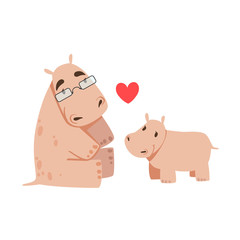 Hippo Dad With Glasses Animal Parent And Its Baby Calf Parenthood Themed Colorful Illustration With Cartoon Fauna Characters