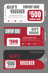 Set of vector blank stylish gift voucher with case to attract new customer on white, dark gray and red background.