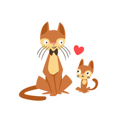 Cat Dad With Bow Tie Animal Parent And Its Baby Calf Parenthood Themed Colorful Illustration With Cartoon Fauna Characters