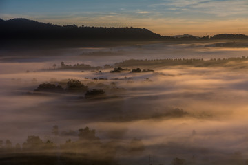Fototapeta na wymiar mist over the valley of mountain at sun rising giving a beautiful 