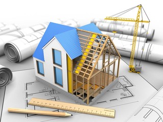 3d illustration of house construction over house plan background with crane