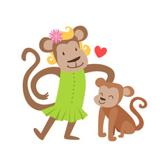 Monkey Mom In Dress Animal Parent And Its Baby Calf Parenthood Themed Colorful Illustration With Cartoon Fauna Characters
