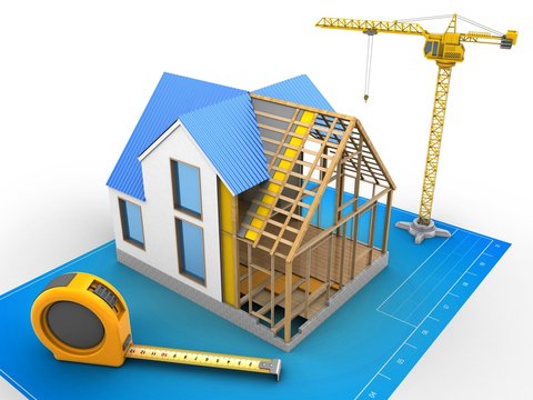 3d illustration of house construction over blueprint background with crane