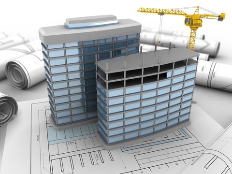 3d illustration of crane over drawing rolls background with modern buildings