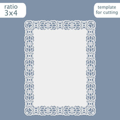 Laser cut wedding invitation card template with openwork border.  Cut out the paper card with lace pattern.  Greeting card template for cutting plotter. Vector.