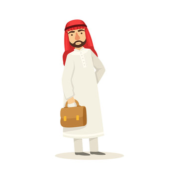 Arabic Muslim Businessman Dressed In Traditional Thwab Clothes And Wearing Headdress Kufiya Holding Suitcase Working In Financial Business Sphere