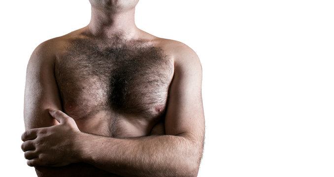 Man with hairy chest isolated on white background for text.