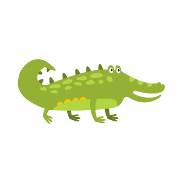 Crocodile Standing On Four Legs Flat Cartoon Green Friendly Reptile Animal Character Drawing