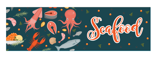 Sea food horizontal banner, flat style. Seafood template for your design. Underwater world, sea life. Vector illustration