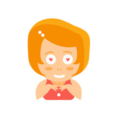 Little Red Head Girl In Red Dress Fan In Love Flat Cartoon Character Portrait Emoji Vector Illustration