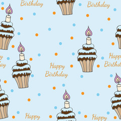 Seamless pattern with cupcake with candle and greeting text