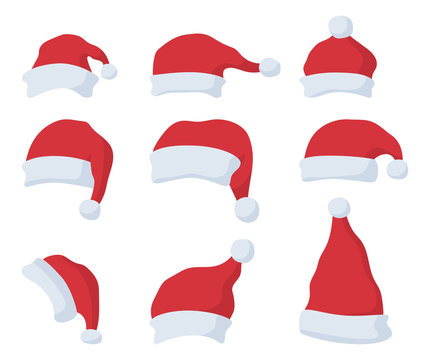 Set of Santa Claus red hat in cartoon flat style. Santa Claus red hat isolated on white background